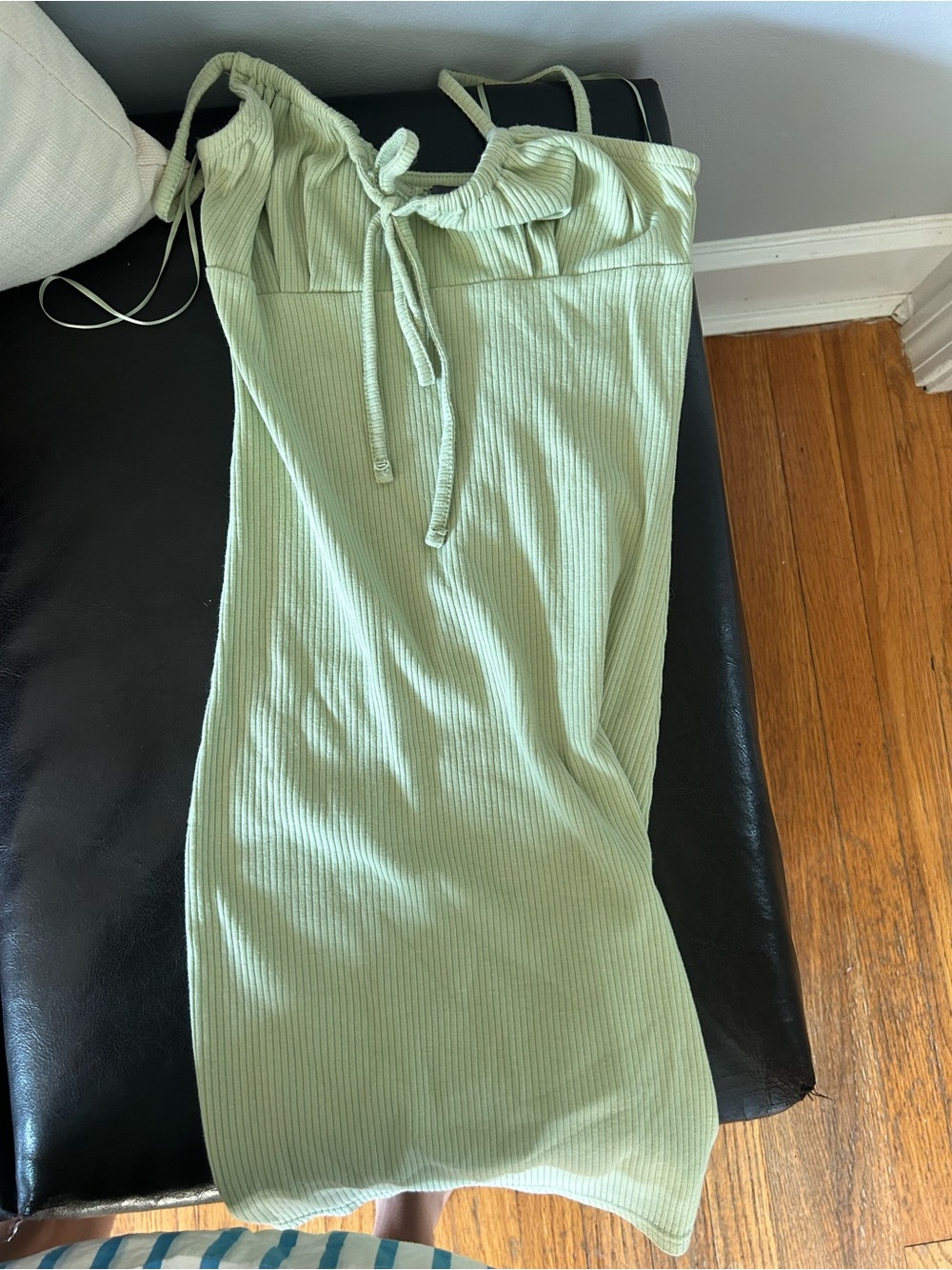 Primark Sage Green Ribbed Tie-Neck Dress